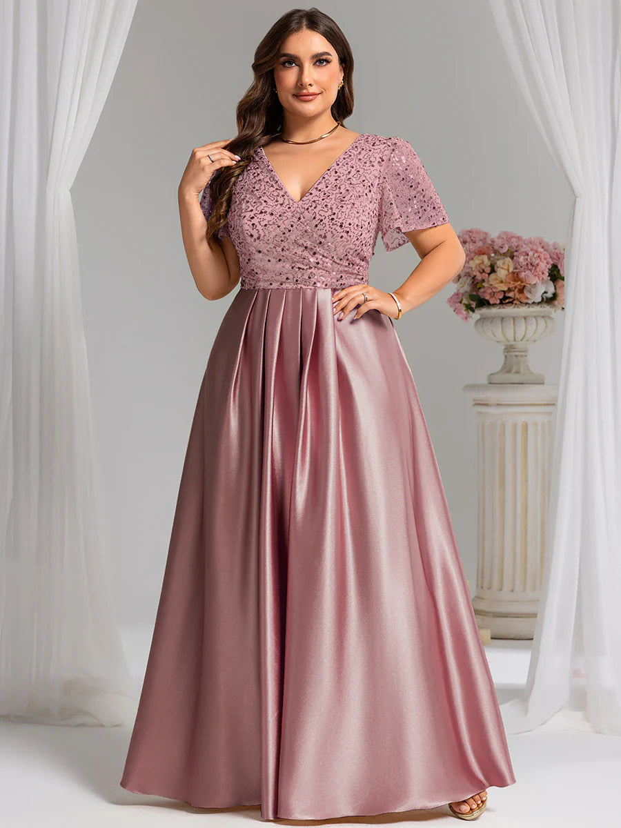 Factory Design Short Sleeve Ruffle Sheer Appliques V Neck Evening Dress