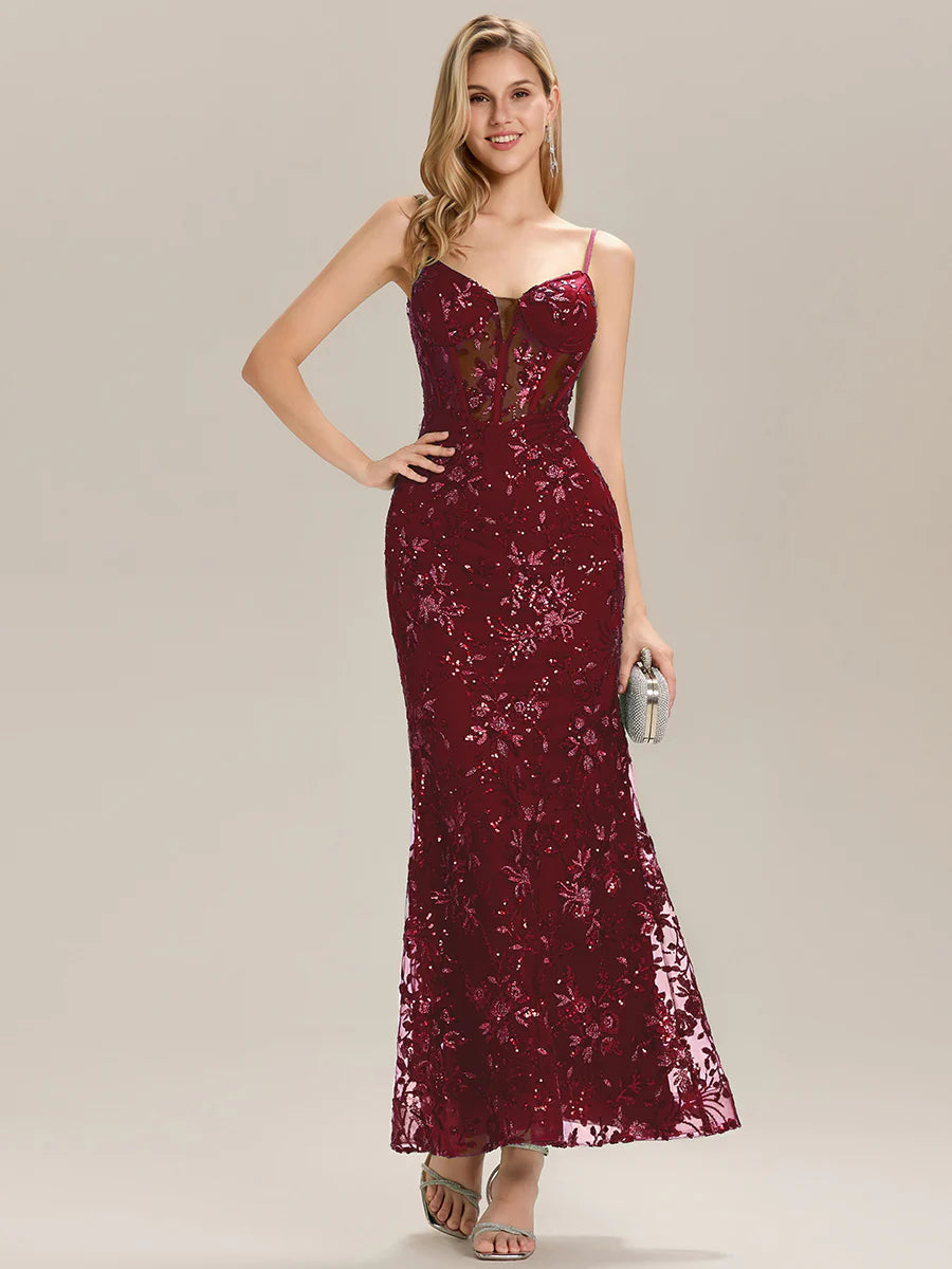Sleeveless Deep V-Neck Backless Sequin Fishtail Evening Dresses