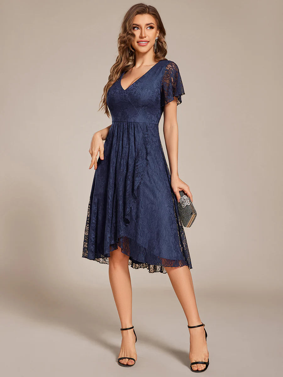 Short Sleeve Ruffled V-Neck A-Line Midi Wedding Guest Dress