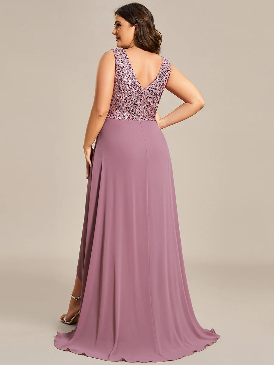 Elegant Paillette & Chiffon V-neck Sleeveless Plus Size Wholesale Evening Dresses
