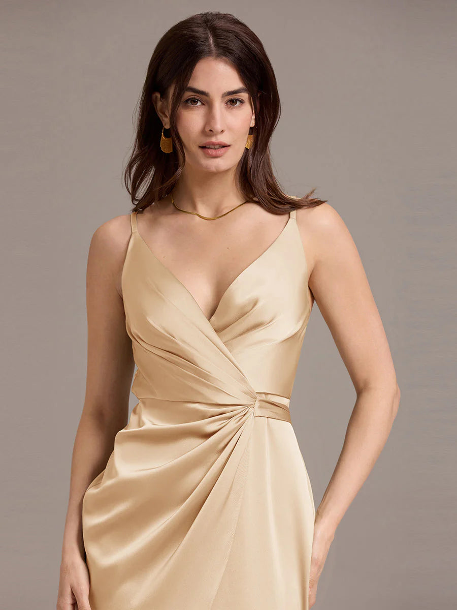 Custom Sleeveless V-Neck Non-Stretch Wrap Midi Dress with Tie Knot | Wedding Guest Dresses