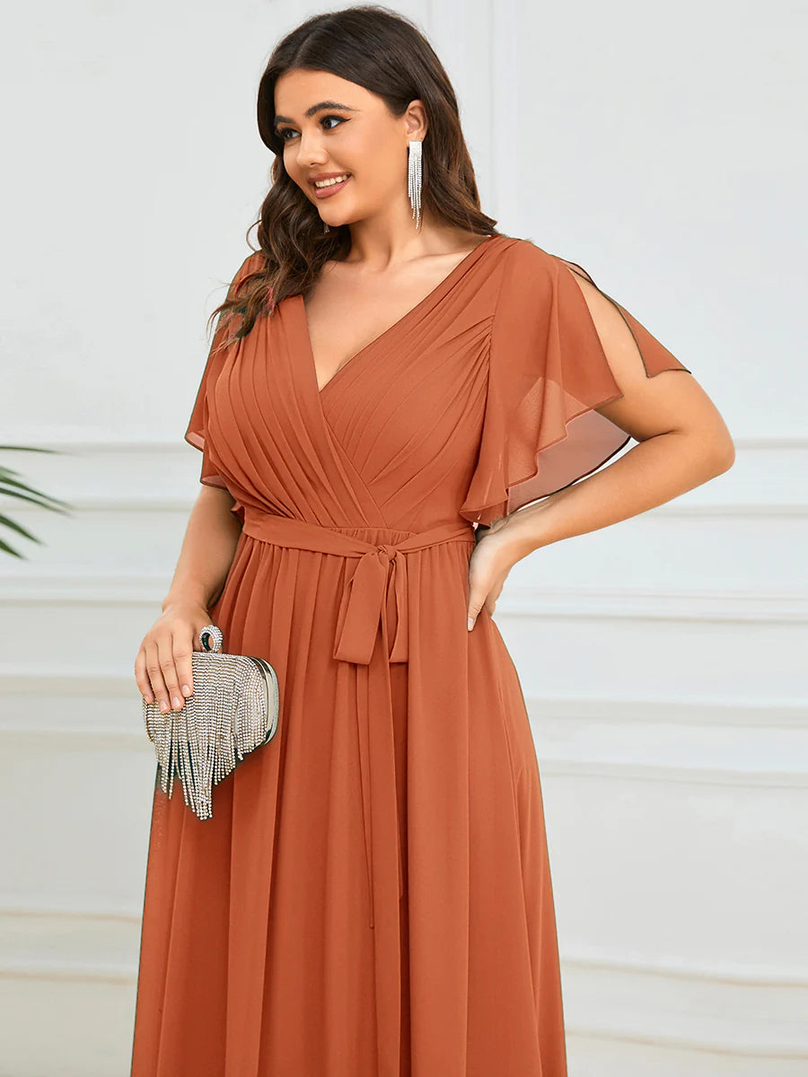Short Sleeve Ruffle Deep V-Neck A-Line Floor Length Evening Dresses