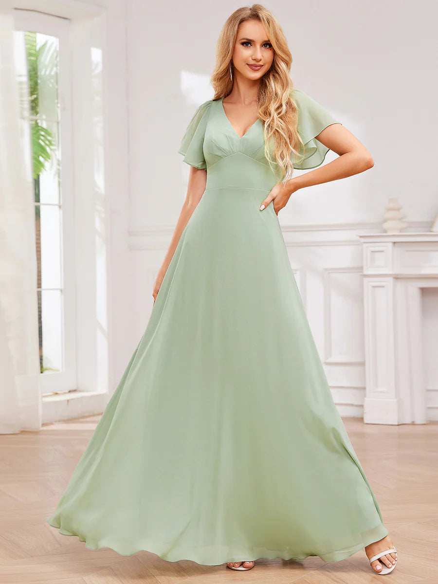 Elegant Bandage Backless Chiffon Evening Dresses with Ruffles Sleeve