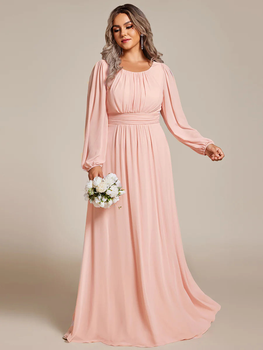Plus Size Round Neck Wholesale Bridesmaid Dresses with Long Lantern Sleeves