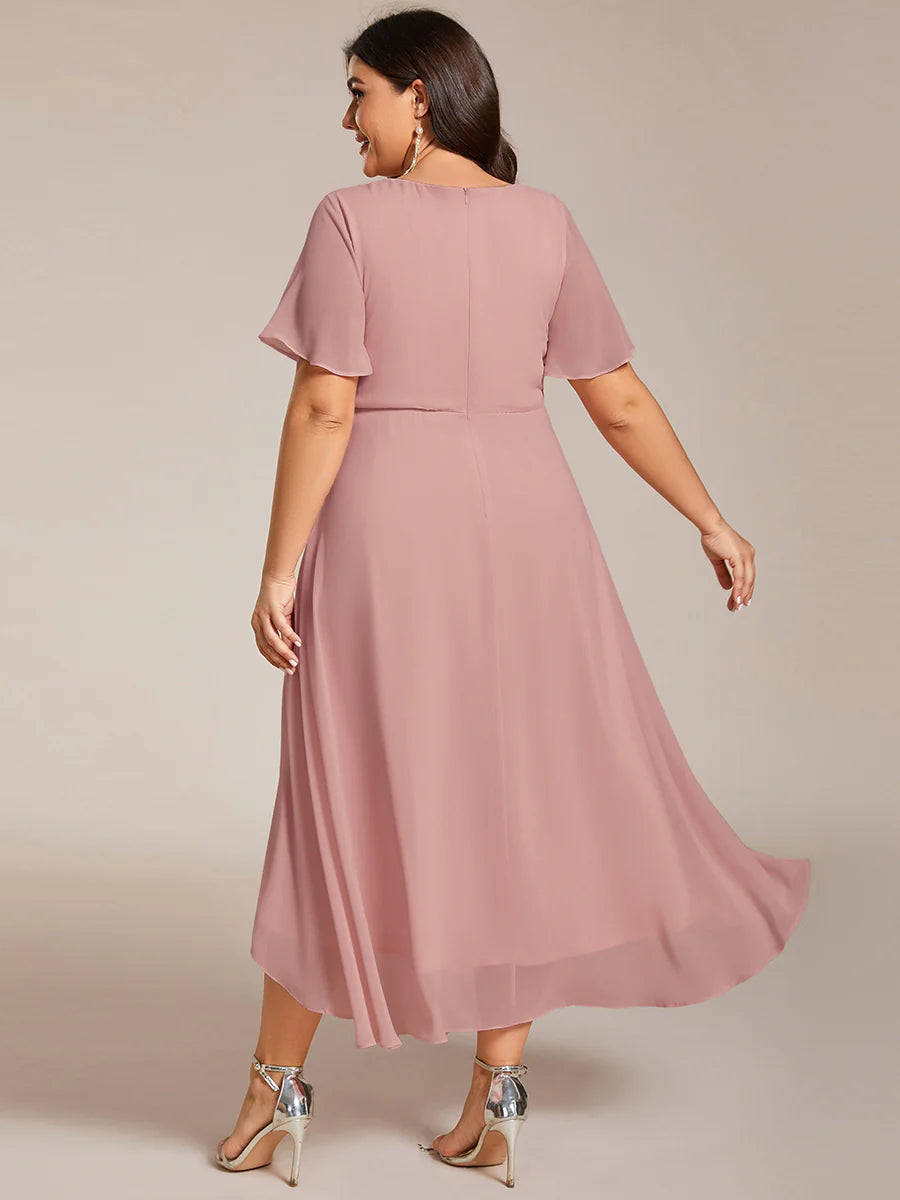 Plus V-Neck Midi Chiffon Wedding Guest Dresses with Ruffles Sleeve