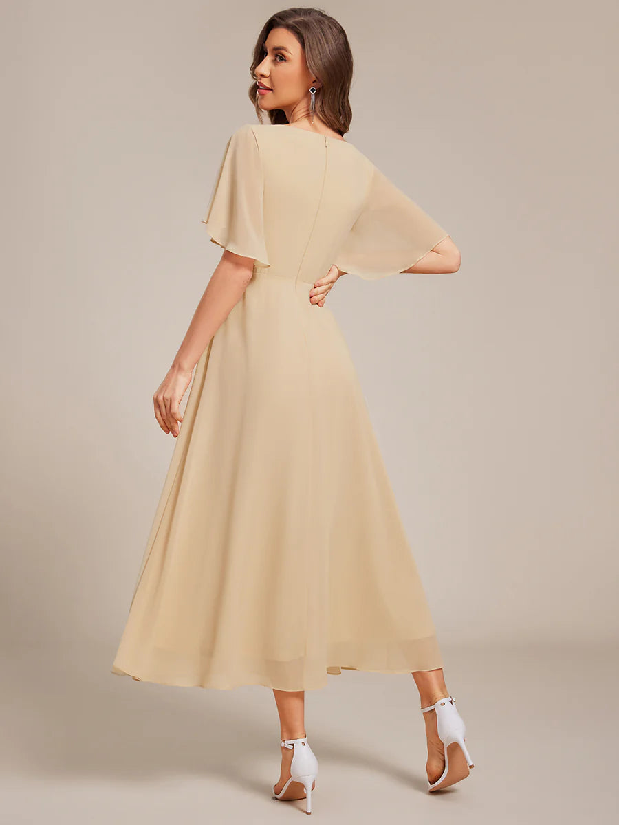 Applique V Neck Tea Length Wedding Guest Dress With Short Sleeves