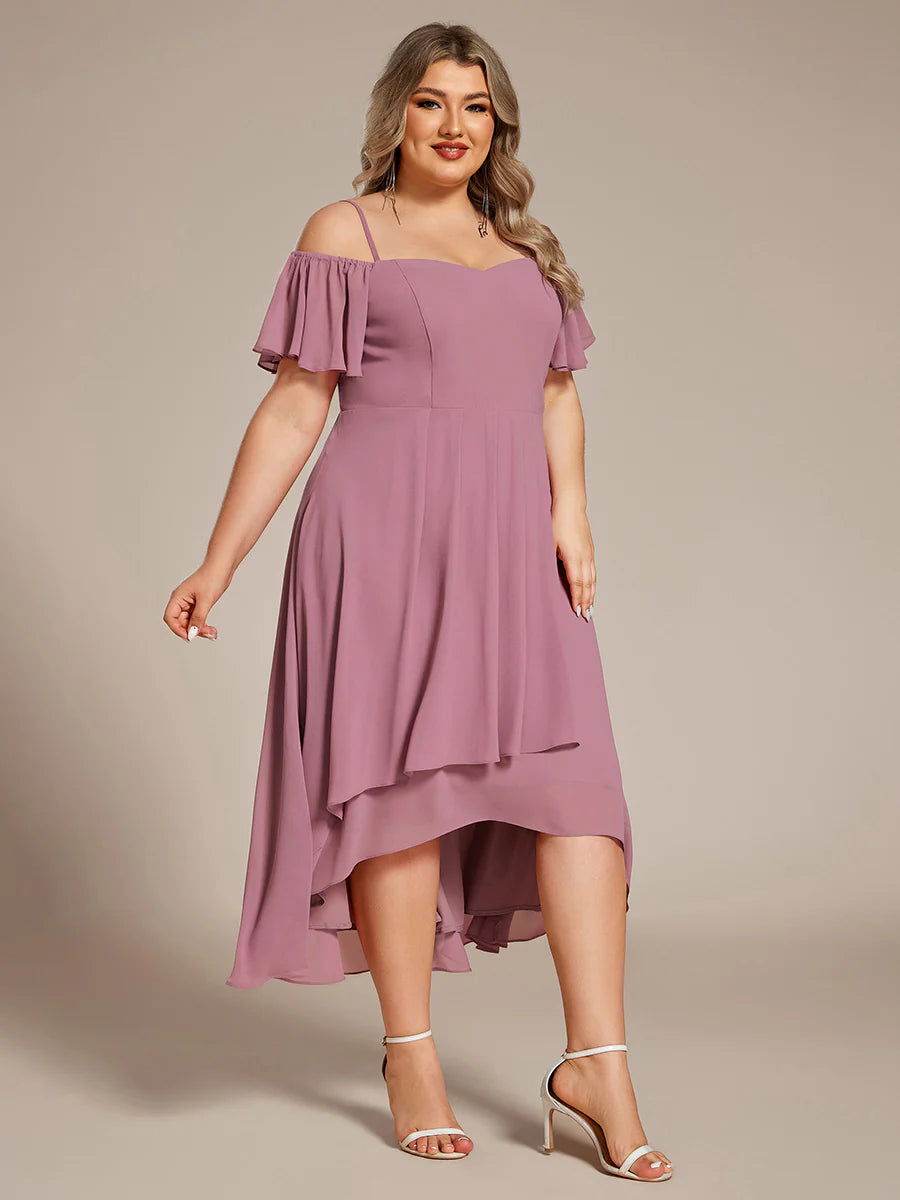 Plus Size Chiffon Spaghetti Strap Cold Shoulder Tea Length Wedding Guest Dress