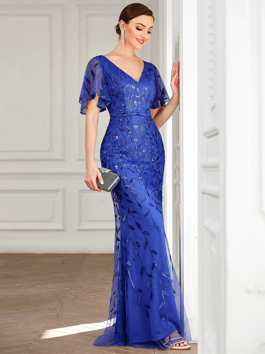 Gorgeous V Neck Leaf-Sequined Fishtail Wholesale Evening Dress