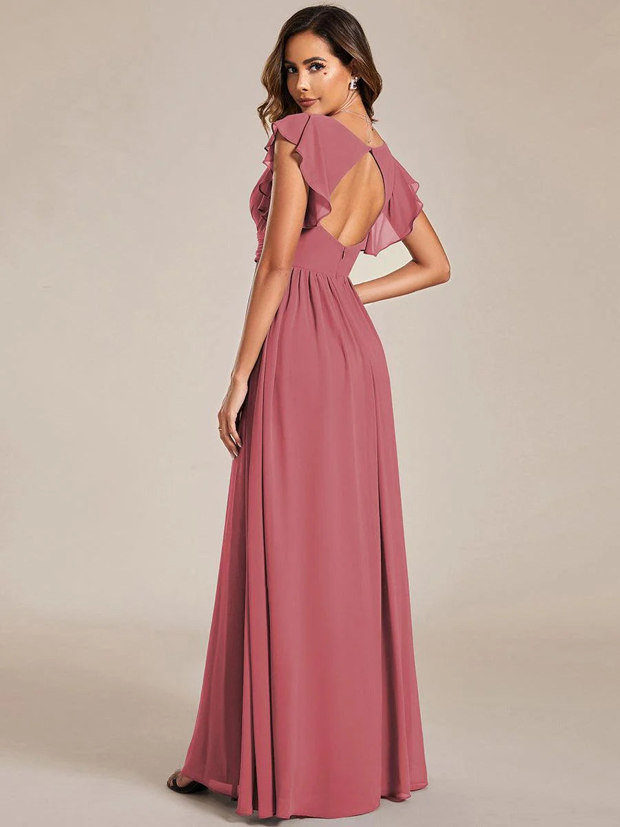 Ever LILYANA|Elegant V-Neck Open Back Ruffled Sleeves Chiffon Bridesmaid Dress