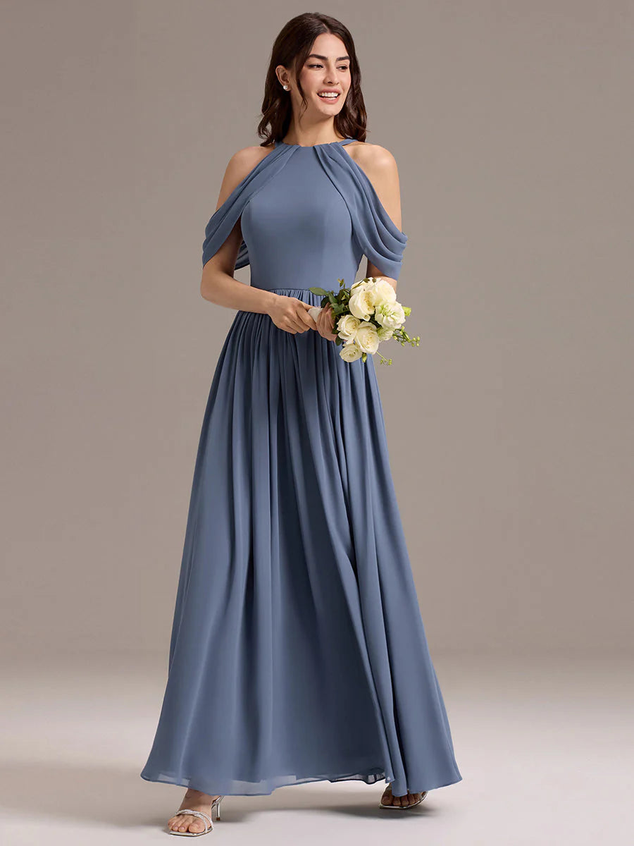 Mass Customization Sleeveless Cold Shoulder A-Line Floor Length Non-Stretch Bridesmaid Dresses