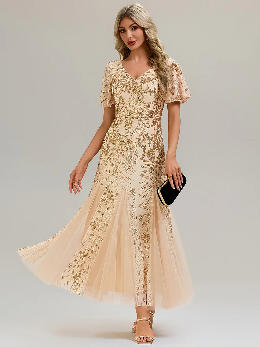 Short Sleeve Ruffle Sequin V-Neck A-Line Maxi Evening Dresses