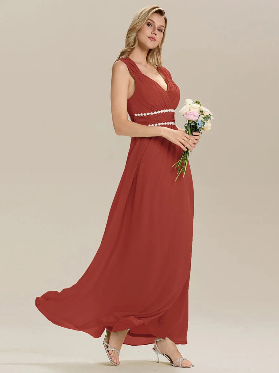 Custom Made Sleeveless Pleated Deep V-Neck A-Line Floor Length Dress; Bridesmaid Dresses