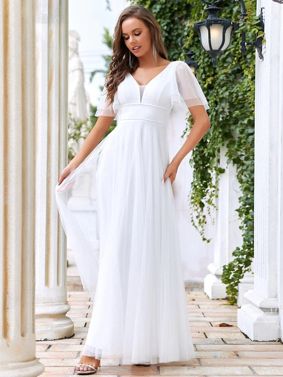 Wholesale Long Deep V Neck Maxi A-Line Tulle Evening Dress