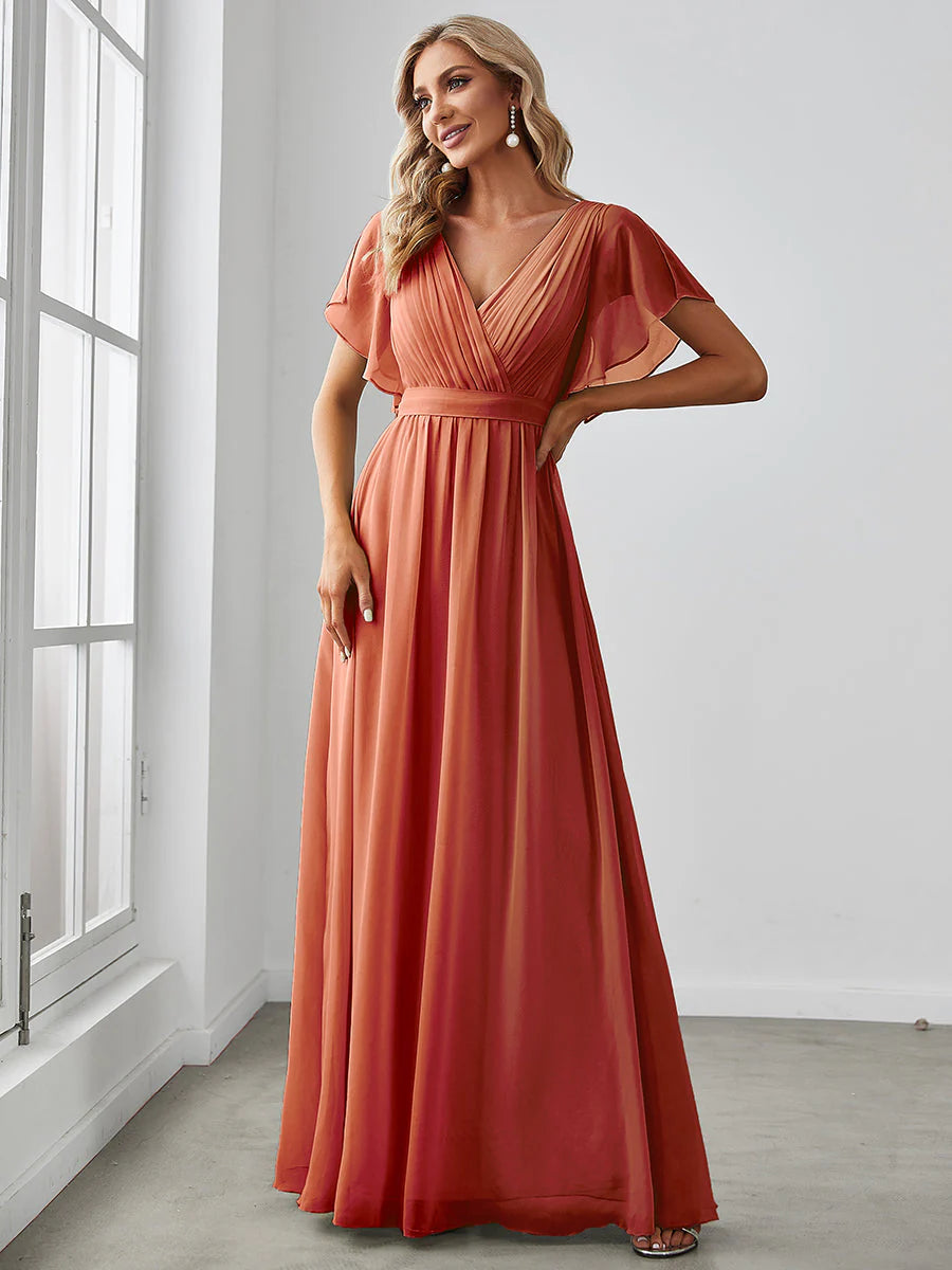 A Line Wholesale Evening Dresses with Deep V Neck Ruffles Sleeves