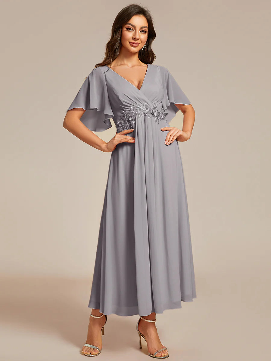 Applique V Neck Tea Length Wedding Guest Dress With Short Sleeves