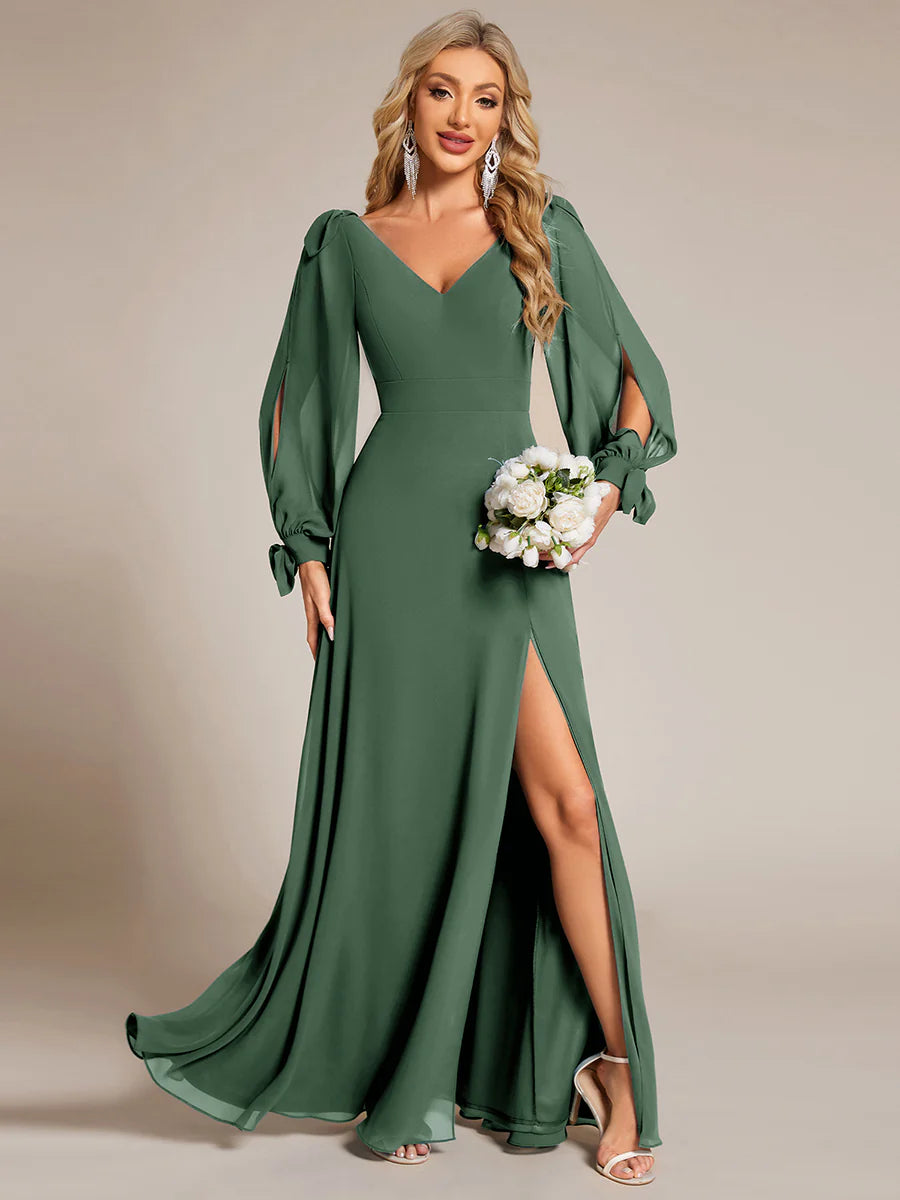 A Line V Neck Wholesale Bridesmaid Dresses With High Split