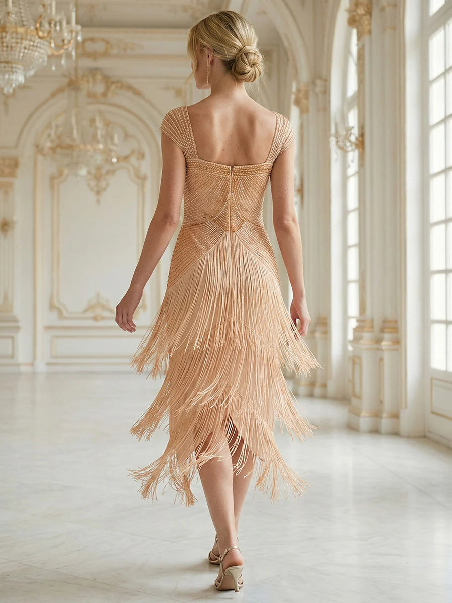 Volume Discounts Strapless Sheath Midi Length Square Neck Beaded Wedding Guest Dress