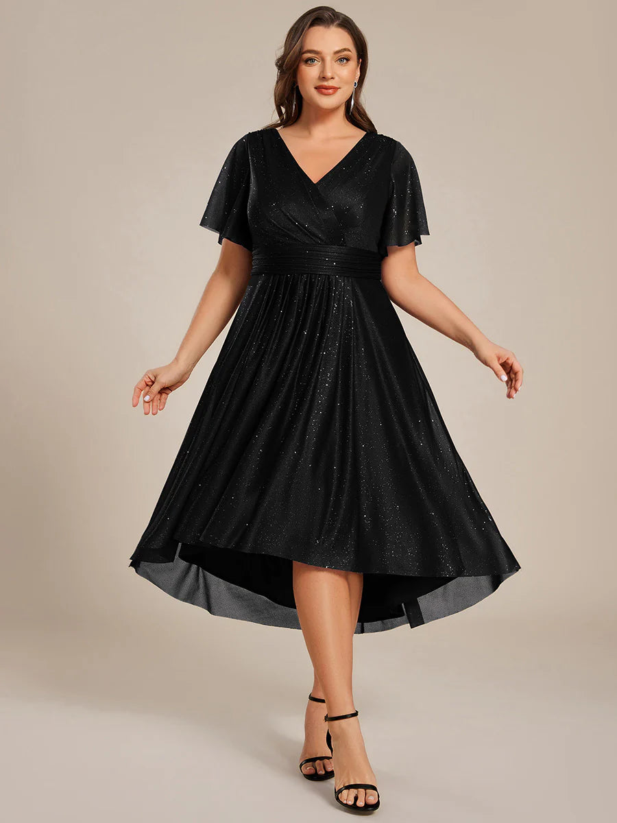 Plus Size Short Sleeve Ruffled Pleated V-Neck A-Line Midi Wedding Guest Dresses