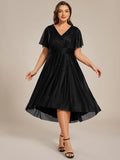 Plus Size Short Sleeve Ruffled Pleated V-Neck A-Line Midi Wedding Guest Dresses