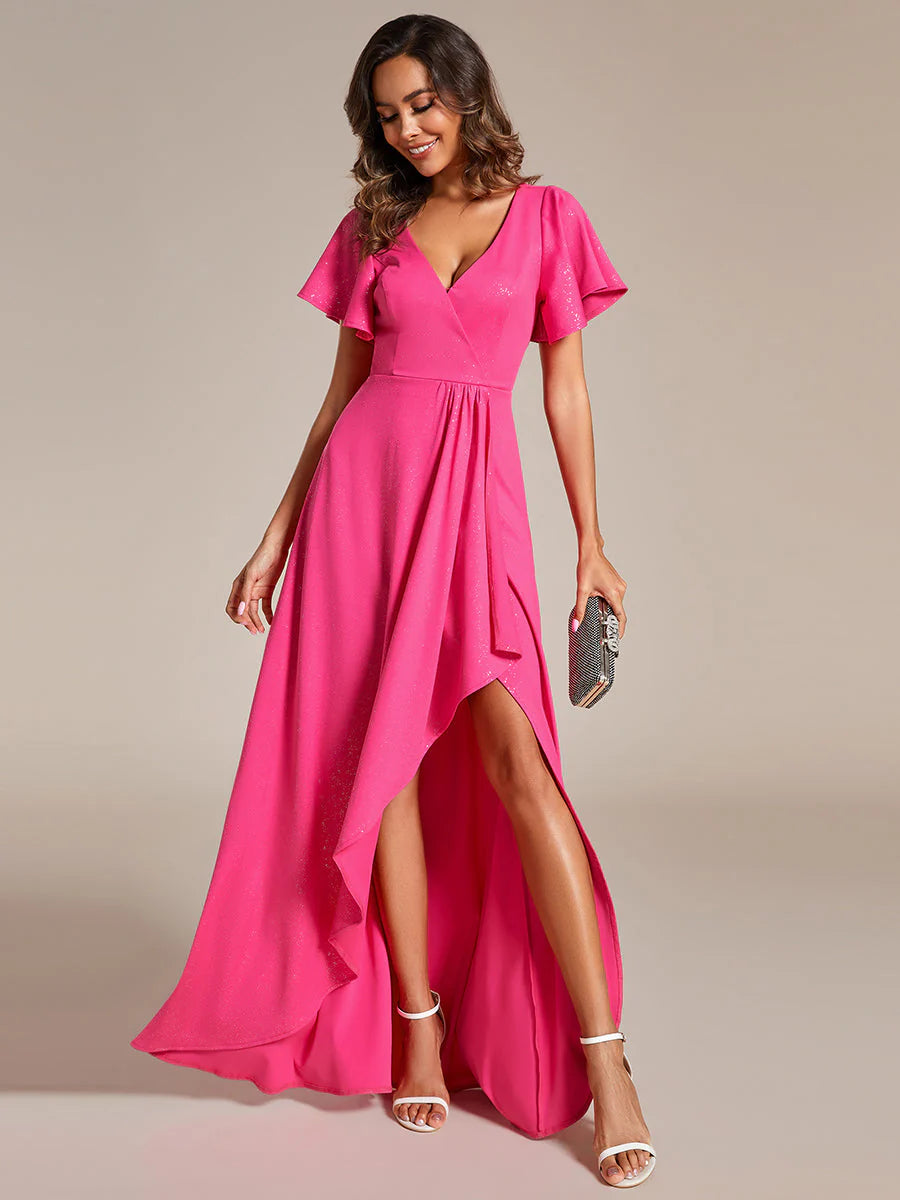 Shiny Tea Length Split Wholesale Evening Dresses With Ruffle Sleeves