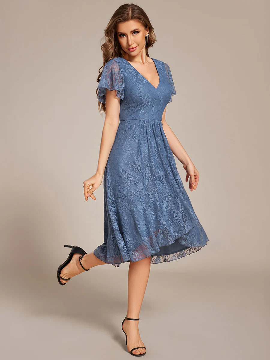 Short Sleeve Ruffled V-Neck A-Line Midi Wedding Guest Dress