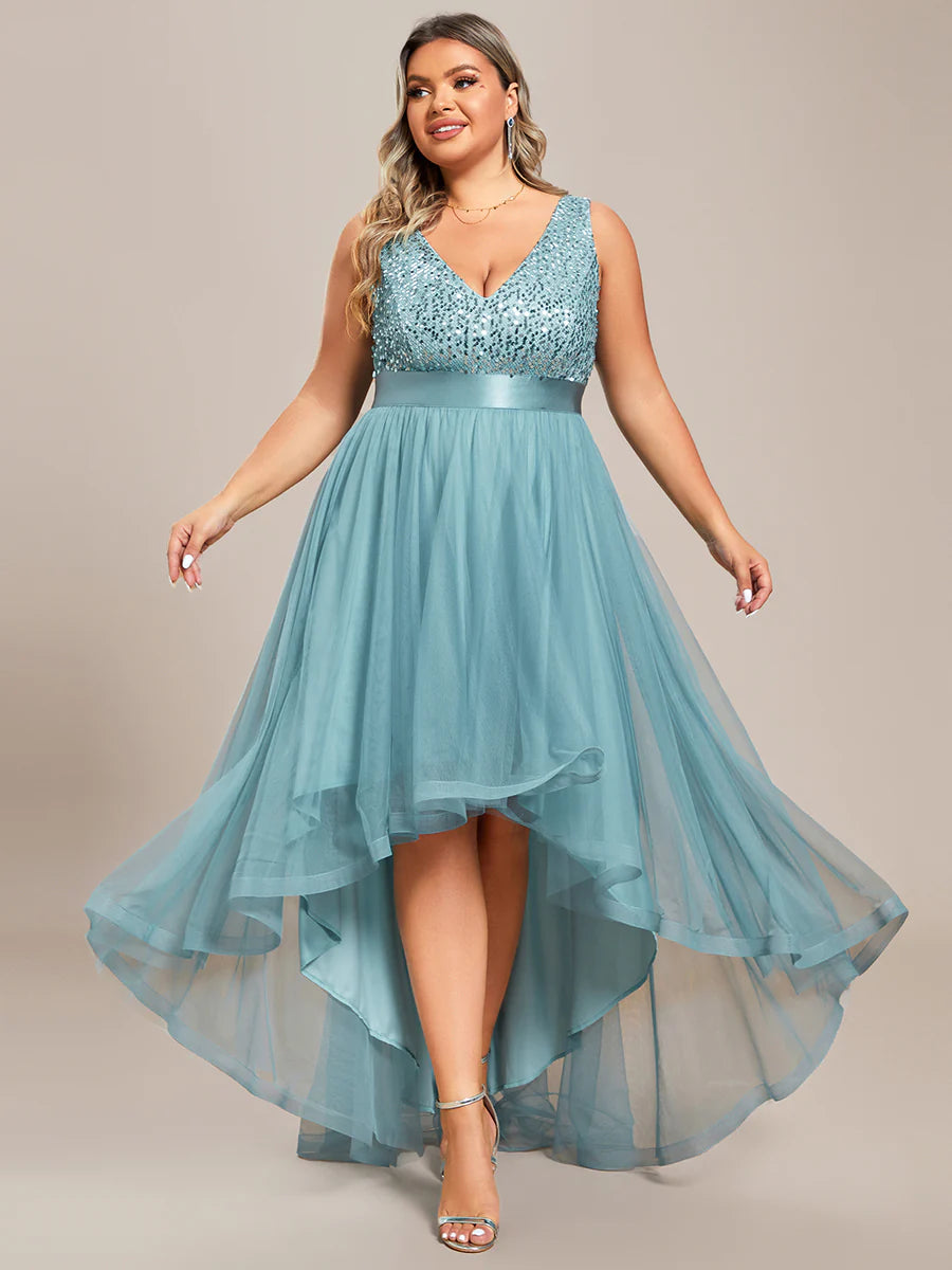 Plus Size Sparkling Wholesale Evening Dresses with Asymmetrical Hem Deep V Neck