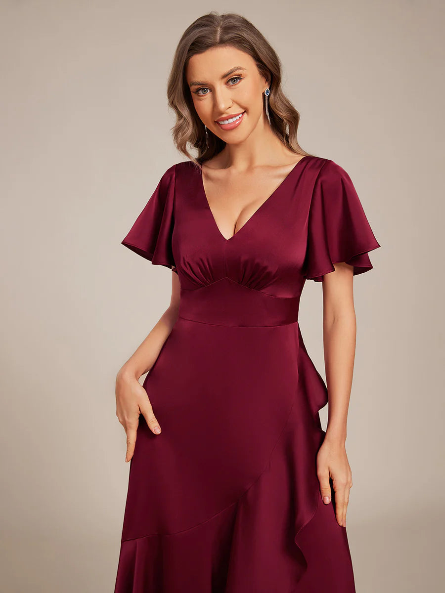 Short Sleeve Ruffled V-Neck Asymmetrical Hem Midi Bridesmaid Dress
