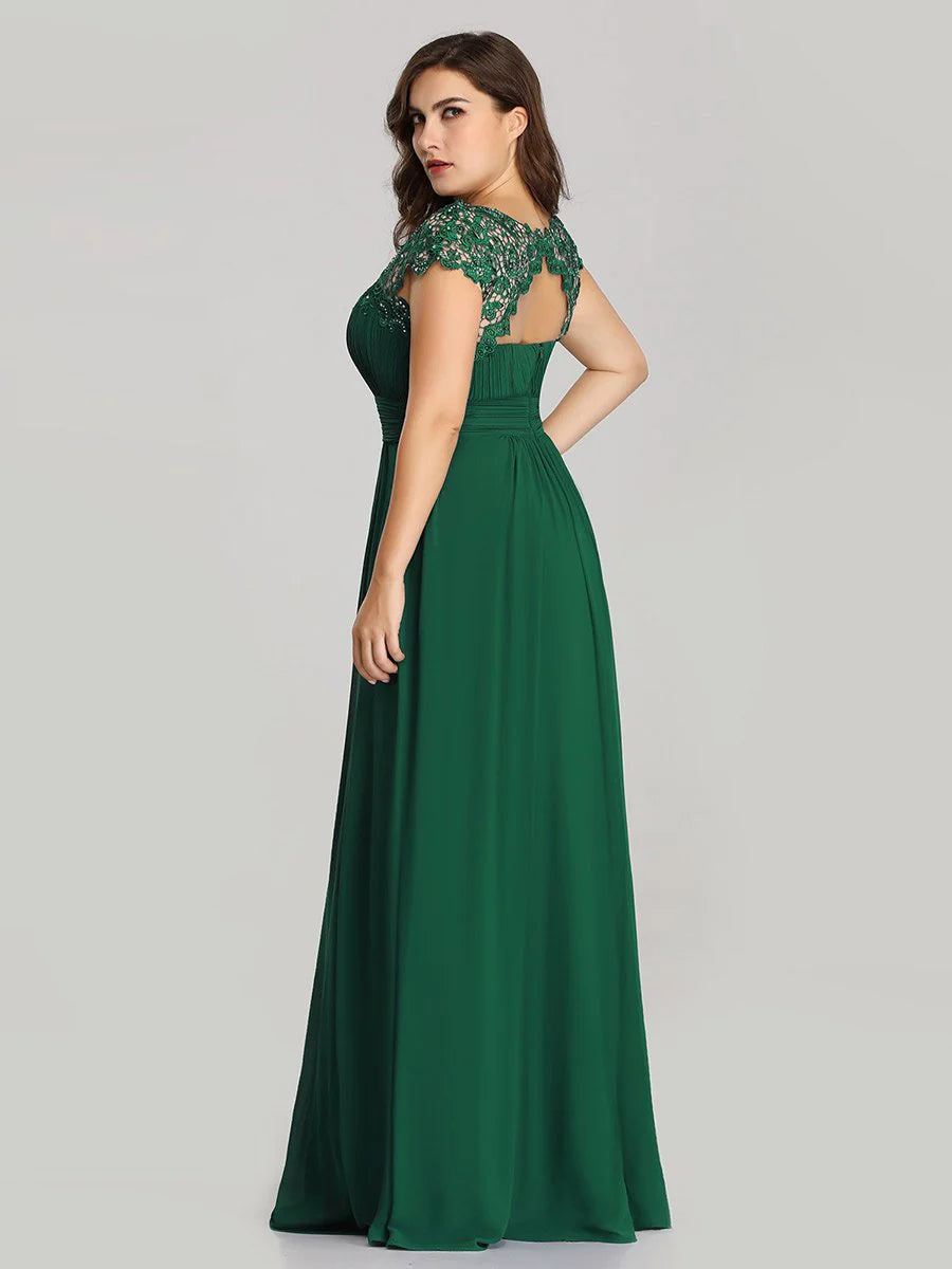 Lacey Neckline Open Back Ruched Bust Plus Size Evening Dresses