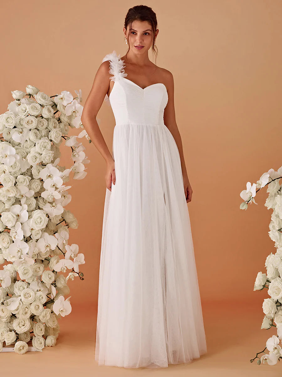 Pleated Backless One Shoulder Split Tulle Wholesale Bridesmaid Dresses