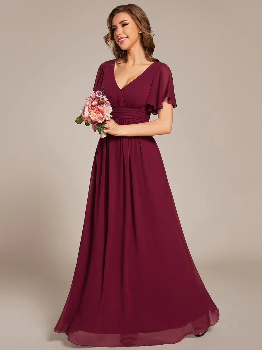 Ruffles Sleeves Chiffon Bridesmaid Dresses with Back Frenulum Knotting