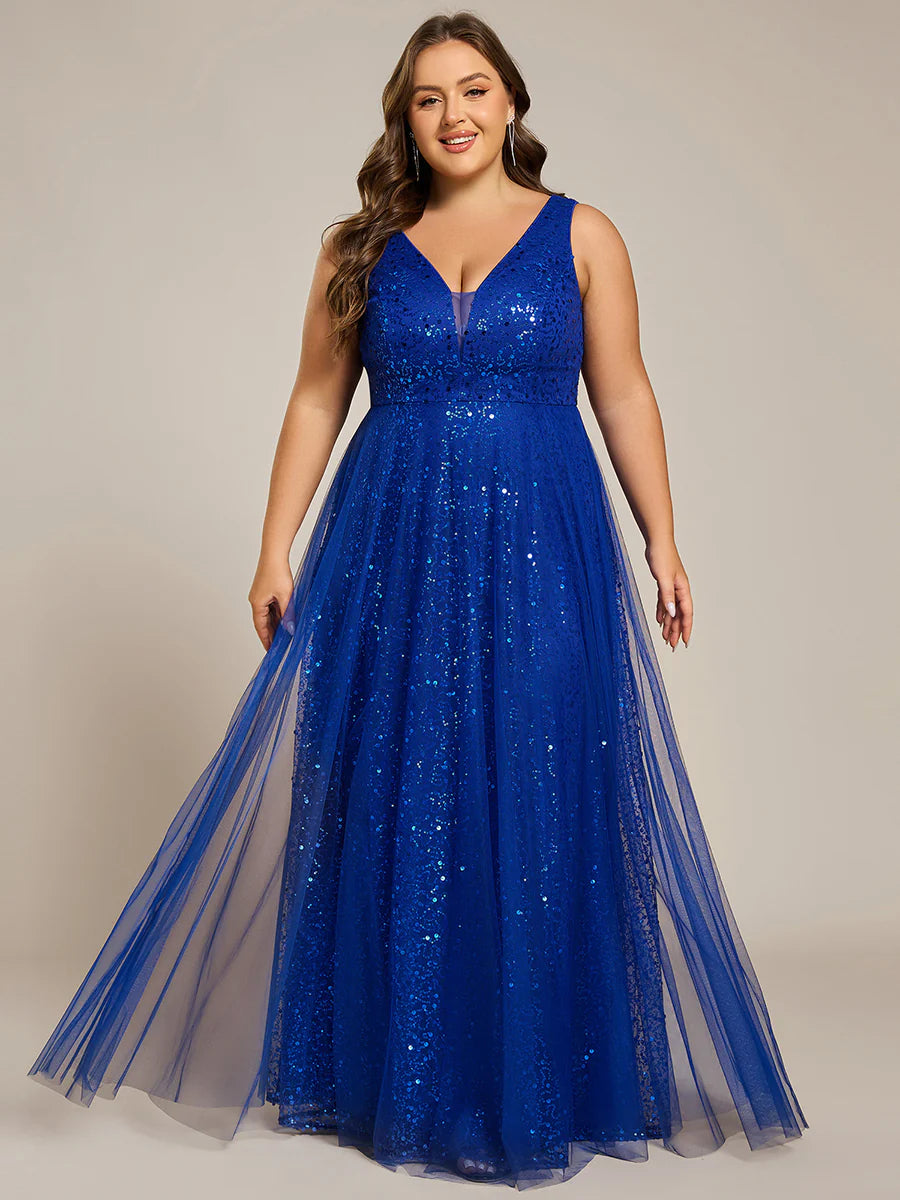 Elegant Plus Size V-Neck Backless Sequin Evening Dress with Sleeveless