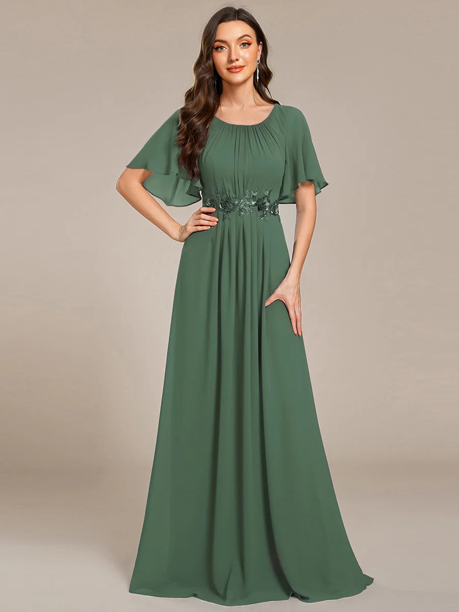 Short Sleeves Pleated Applique A-Line Floor-Length Formal Evening Dress