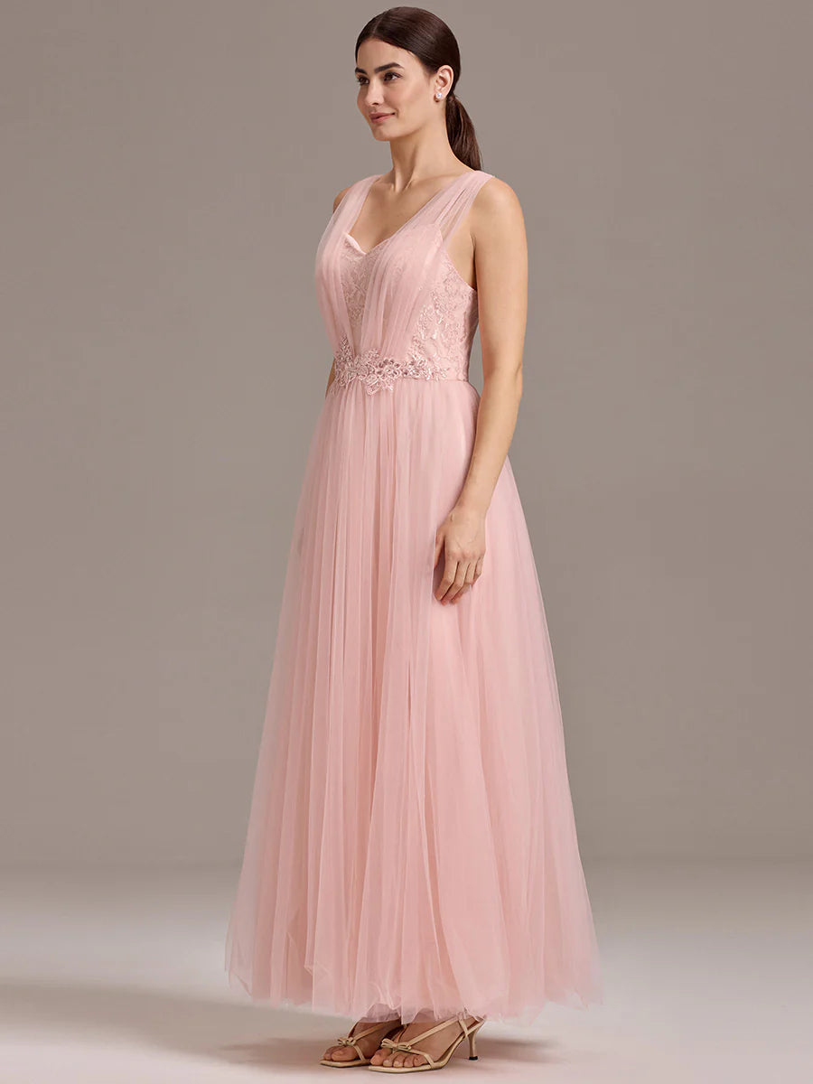 Bulk Order Sleeveless V-Neck Floral A-Line Floor Length Dress with Back Zipper Bridesmaid Dresses