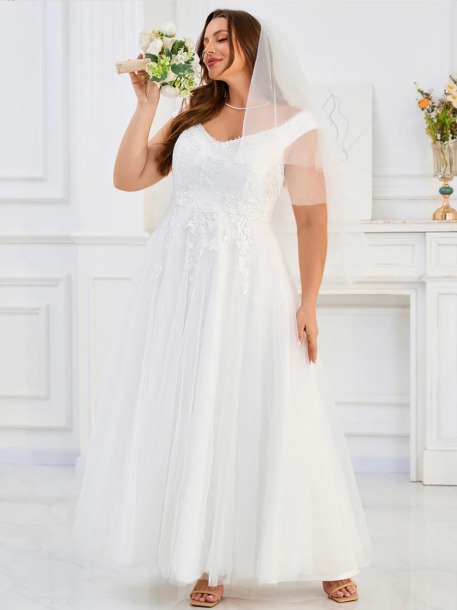 Plus Size Short Sleeve Cold Shoulder Deep V-Neck A-Line Floor Length Wedding Dresses