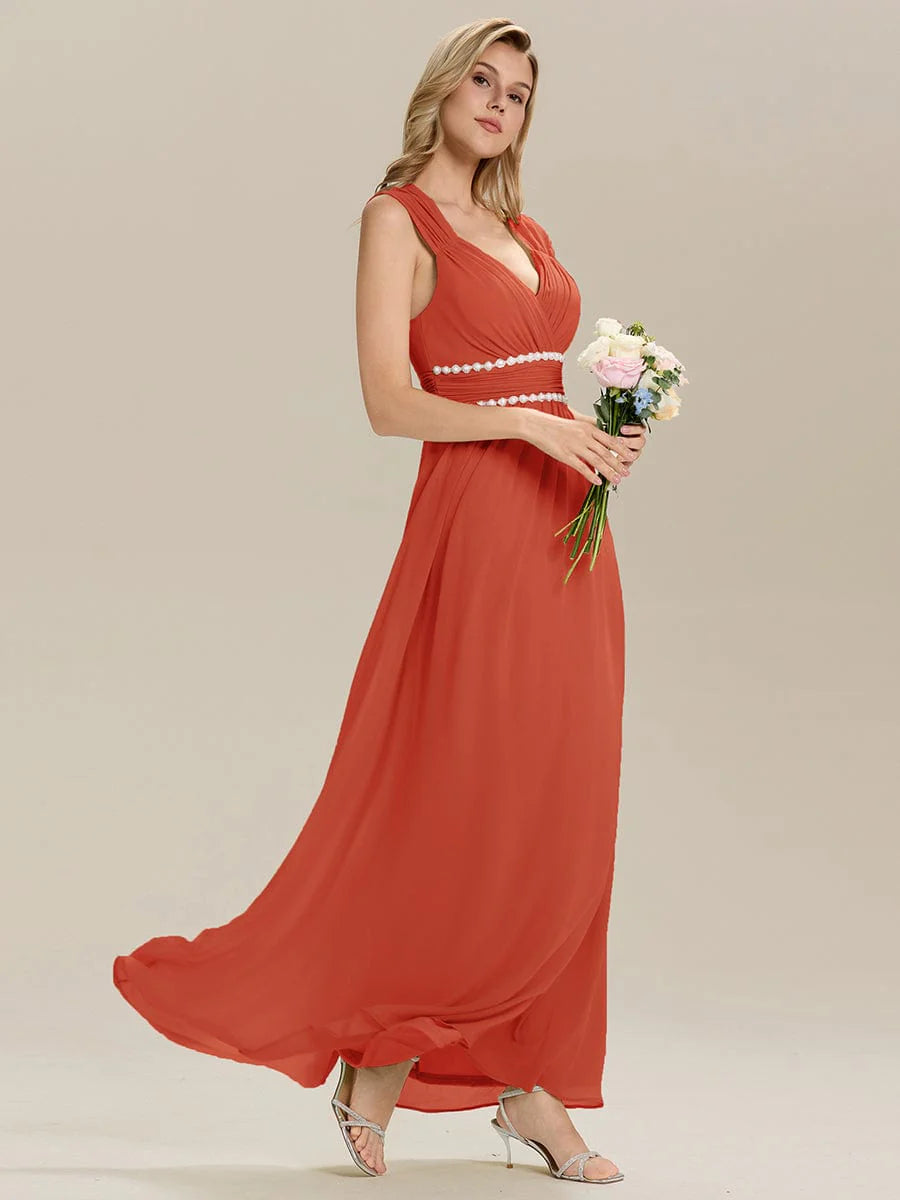 Custom Made Sleeveless Pleated Deep V-Neck A-Line Floor Length Dress; Bridesmaid Dresses