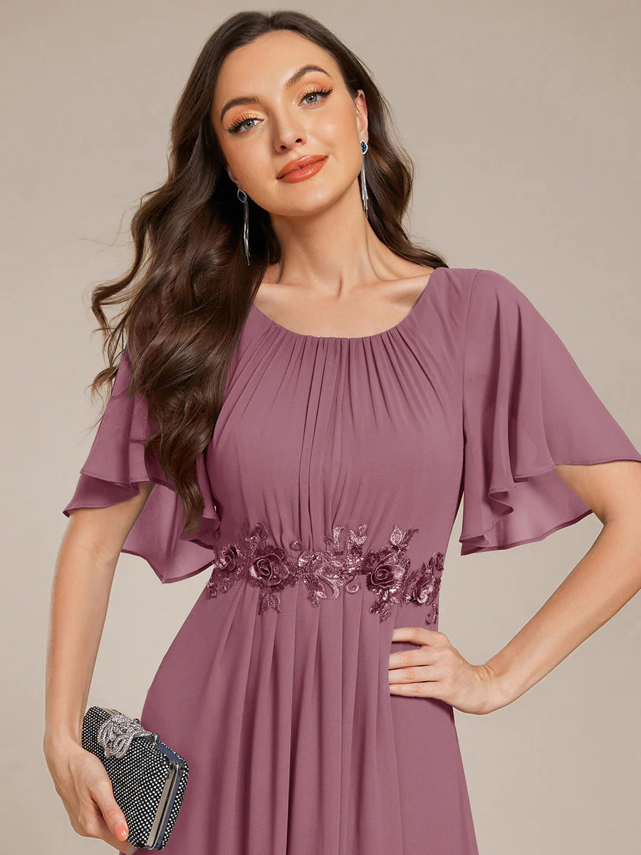 Short Sleeves Pleated Applique A-Line Floor-Length Formal Evening Dress