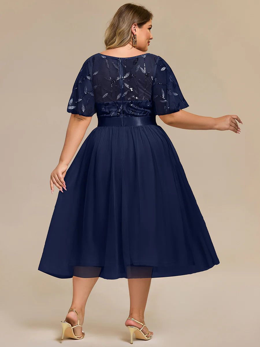 Bulk Order | Plus Size Fit A-Line Deep V-Neck Evening Gown | Ruffled Short Sleeve Midi Dress