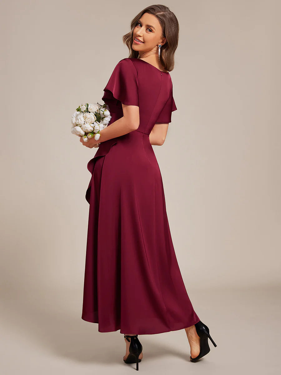 Short Sleeve Ruffled V-Neck Asymmetrical Hem Midi Bridesmaid Dress