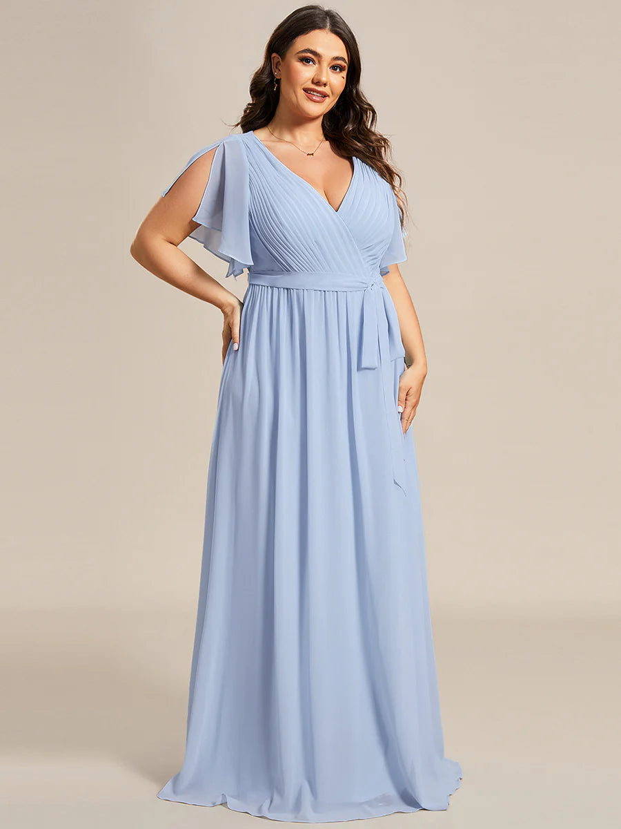A Line Plus Size Wholesale Bridesmaid Dresses with Deep V Neck Ruffles Sleeves