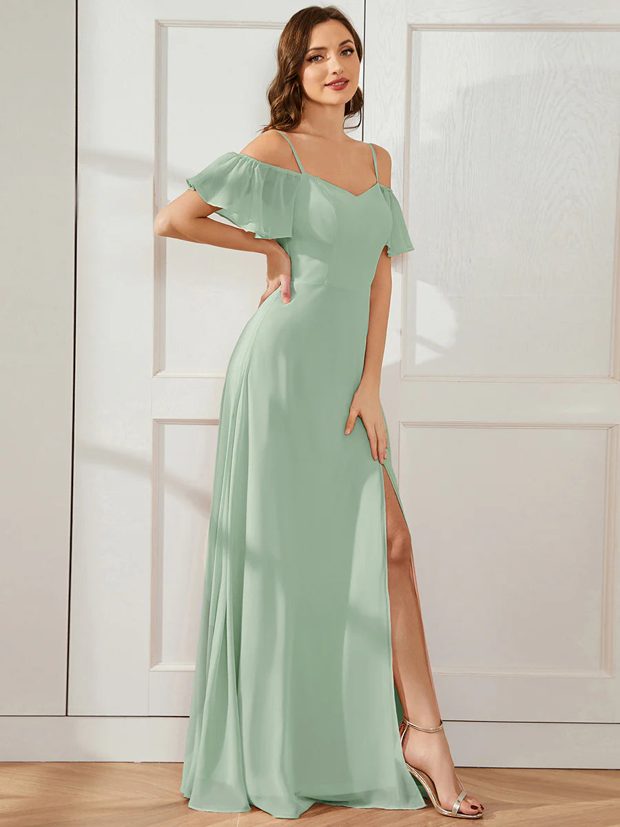 Wholesale High Split Chiffon Bridesmaid Dress With Spaghetti Straps