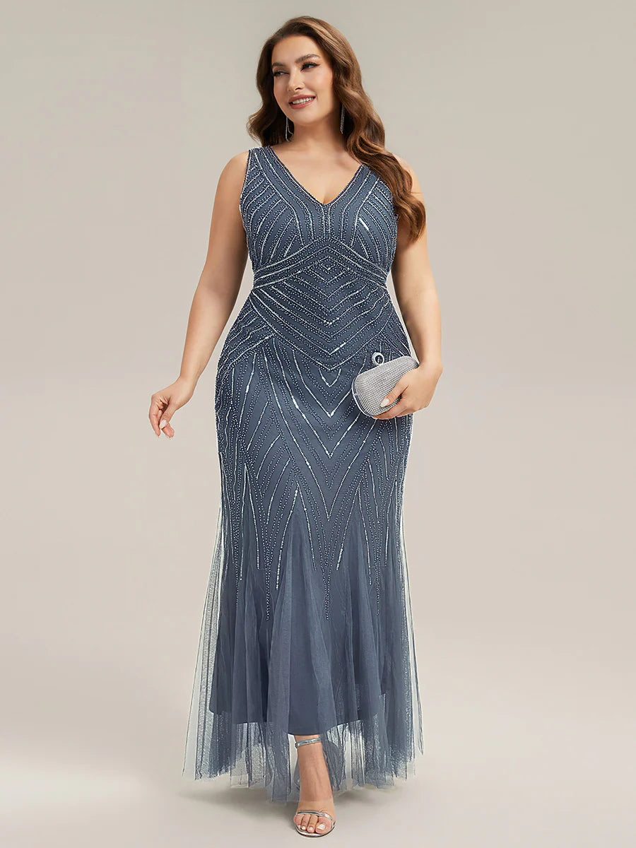 Commercial Wholesale Sleeveless High Stretch Fishtail Beaded V-Neck Evening Dresses
