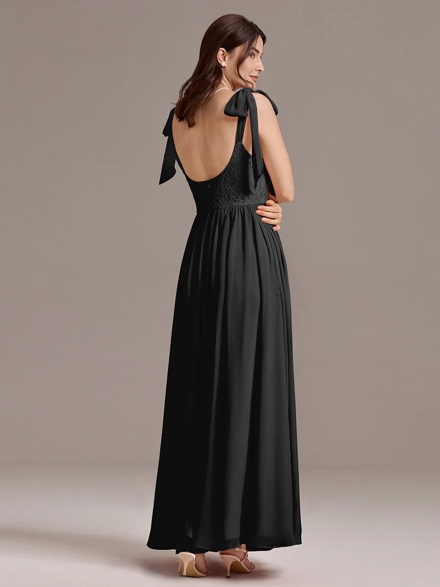Chiffon Sweetheart Neck Bow Tie Backless A-Line Lace Bridesmaid Dress
