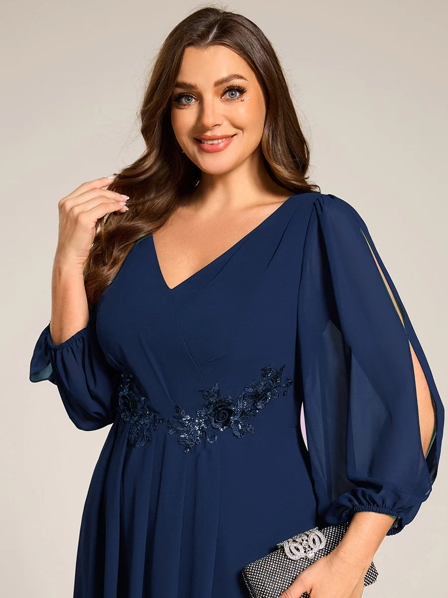 Plus Size Elegant Lantern Sleeve Applique Empire Waist Midi-Length Chiffon Evening Dresses with Asymmetrical Hem