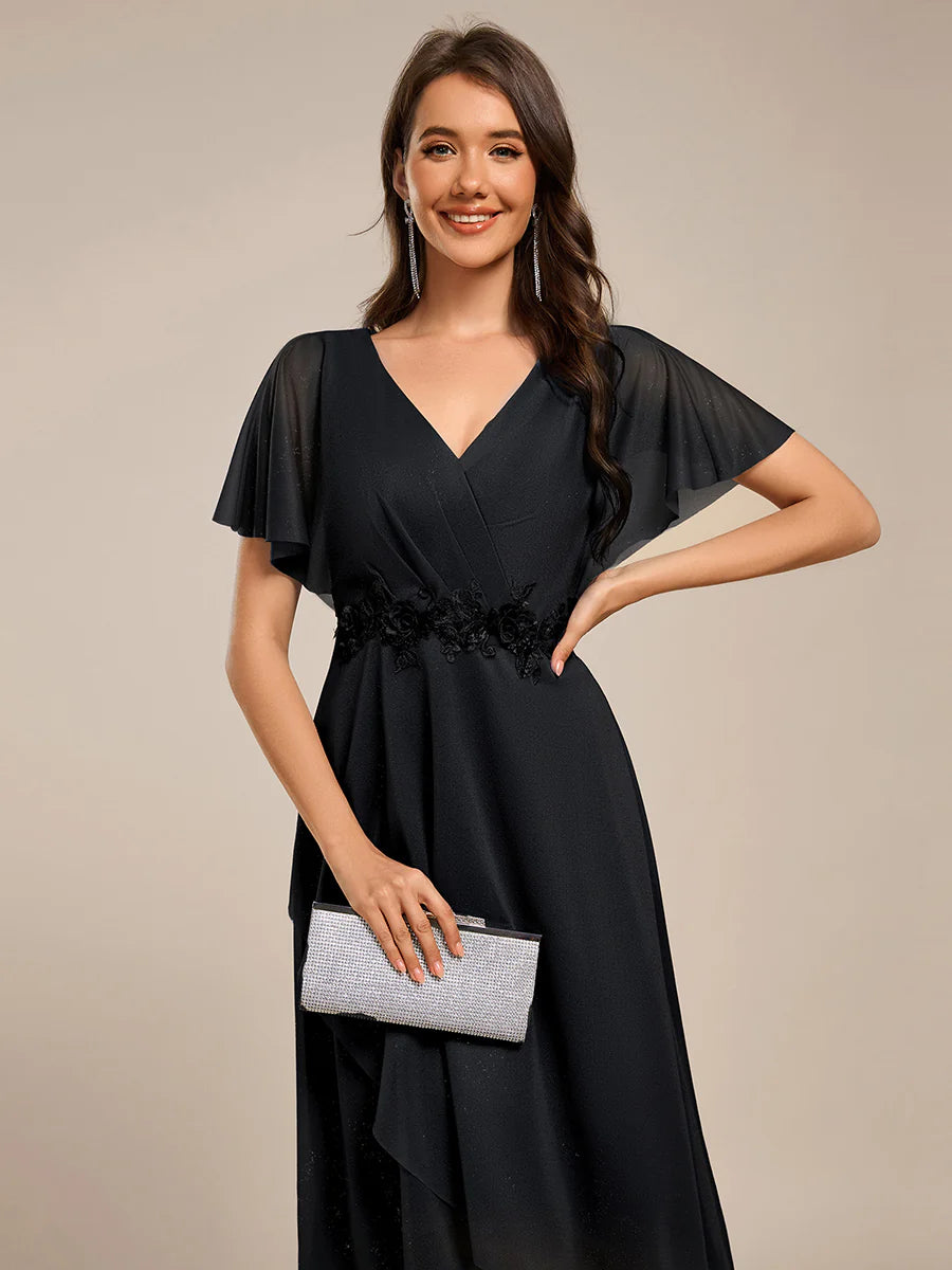 Shimmer Bat-wing Sleeve Asymmetrical Hem Wedding Guest Dresses