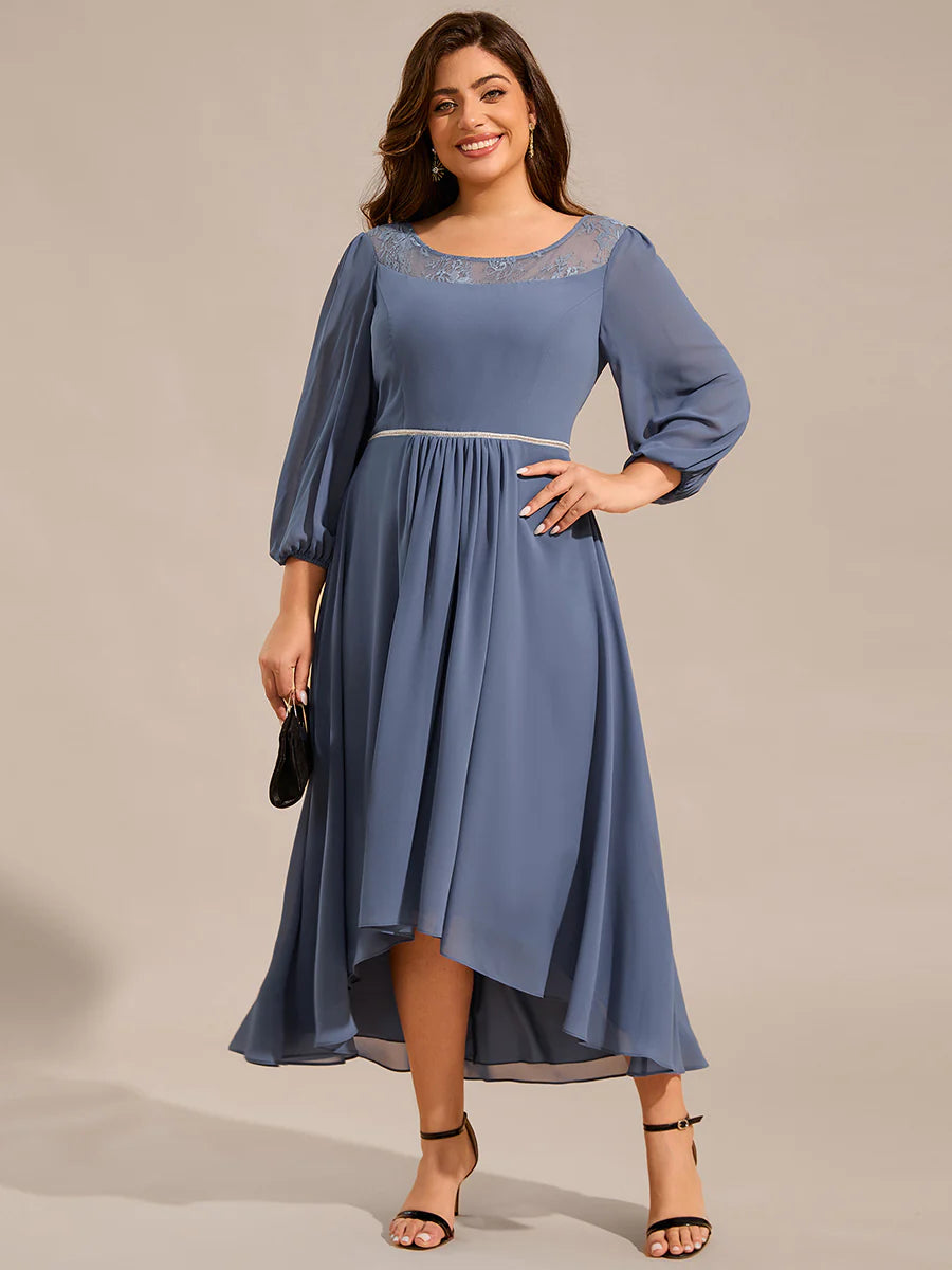 Plus Size Elegant Round Neck Smocking Midi Length Chiffon Wedding Guest Dresses with Asymmetrical Hem