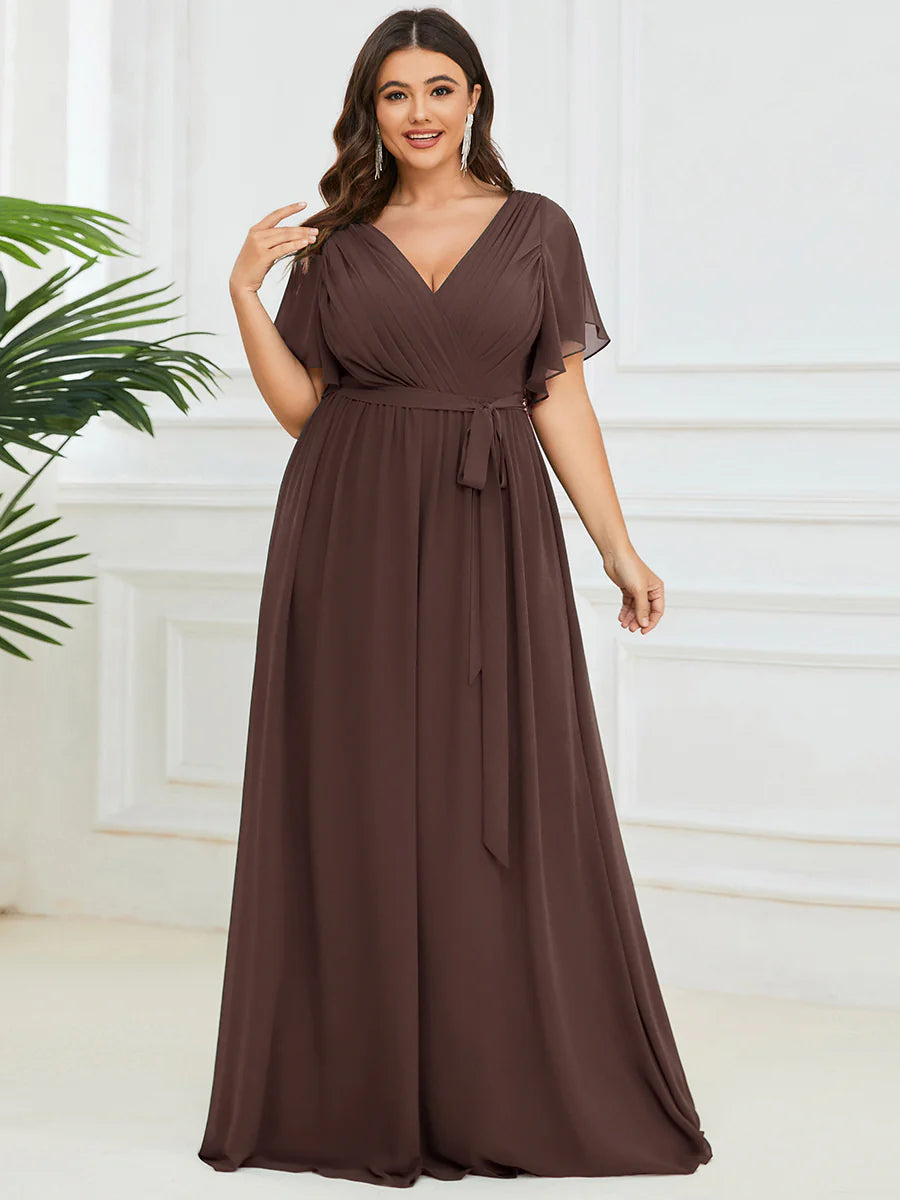 Short Sleeve Ruffle Deep V-Neck A-Line Floor Length Evening Dresses