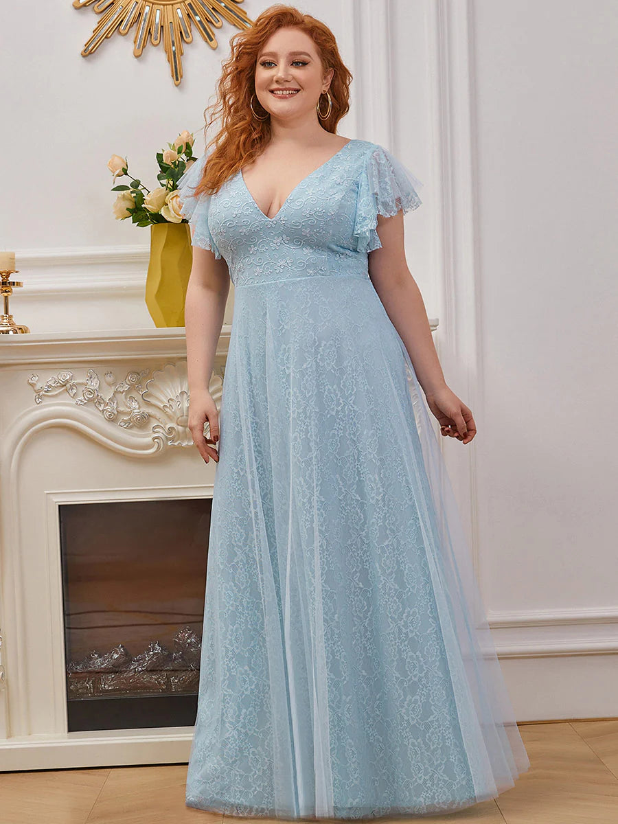 Plus Size Double V Neck Lace Evening Dresses with Ruffle Sleeves