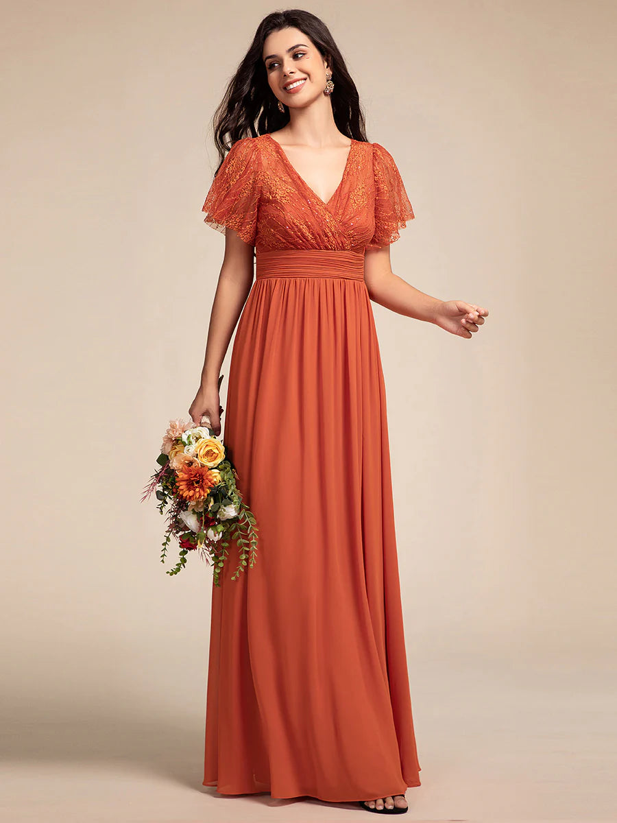 Elegant Embroidery Glitter See-Through Lotus Leaf Sleeves Chiffon Dresses with Hollow back