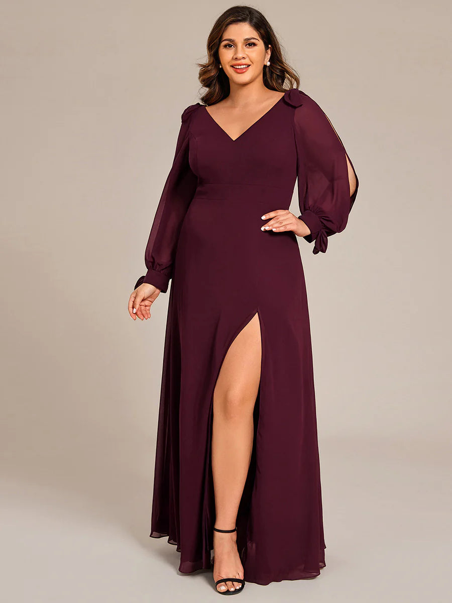 Plus Size Long Lantern Sleeves A Line V Neck Wholesale Bridesmaid Dresses