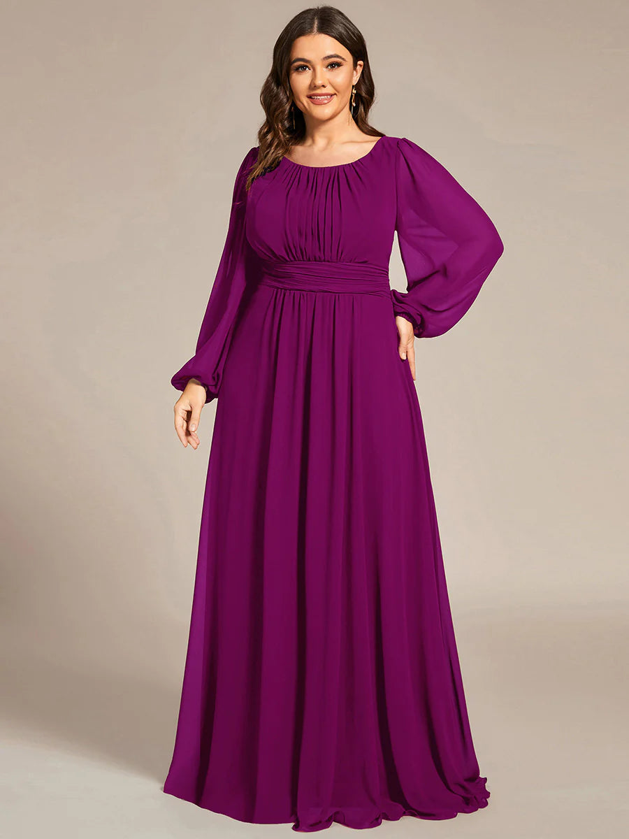 Plus Size Round Neck Wholesale Bridesmaid Dresses with Long Lantern Sleeves